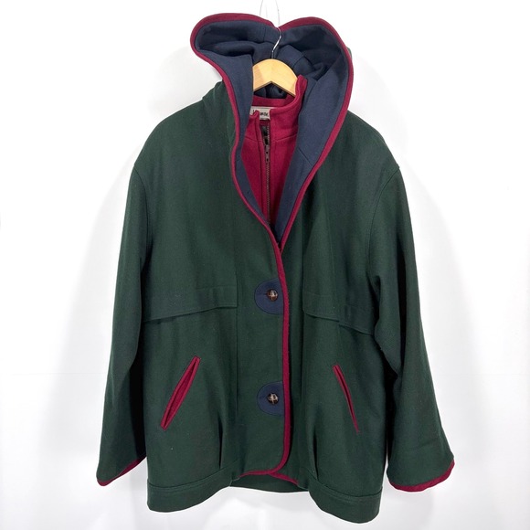 Herman Kay Bib Zipper Pea Coat Jacket Women Size 12 Green Navy Hooded Wool Blend - Picture 10 of 11